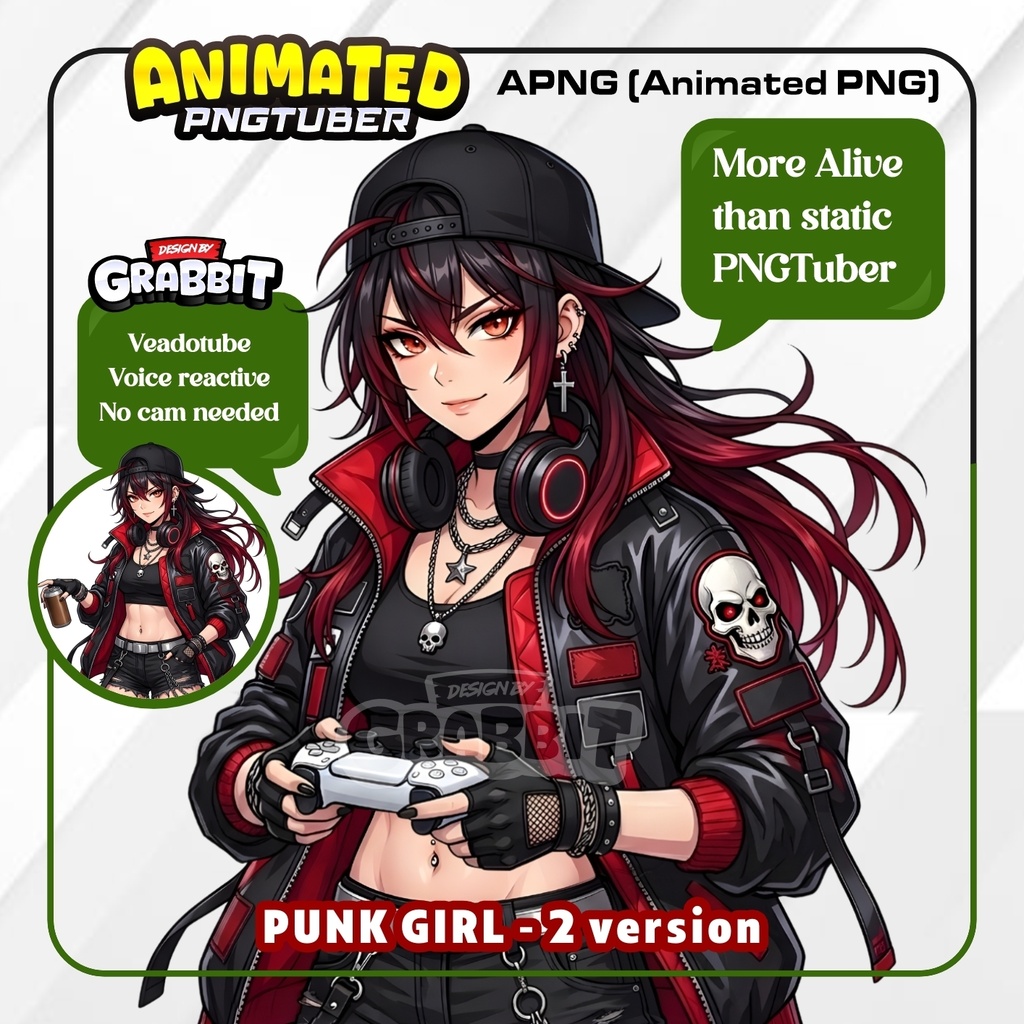 Female PNGTuber Punk Gamer Girl | Animated PNG VTuber | Red Black Streetwear Anime Avatar | Cozy Gamer PNGTuber | Veadotube Mini