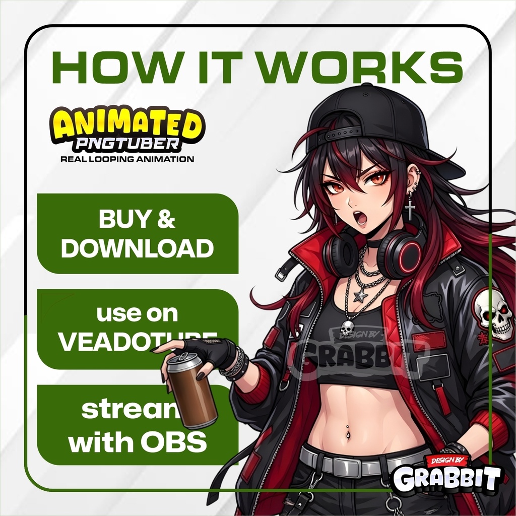 Female PNGTuber Punk Gamer Girl | Animated PNG VTuber | Red Black Streetwear Anime Avatar | Cozy Gamer PNGTuber | Veadotube Mini