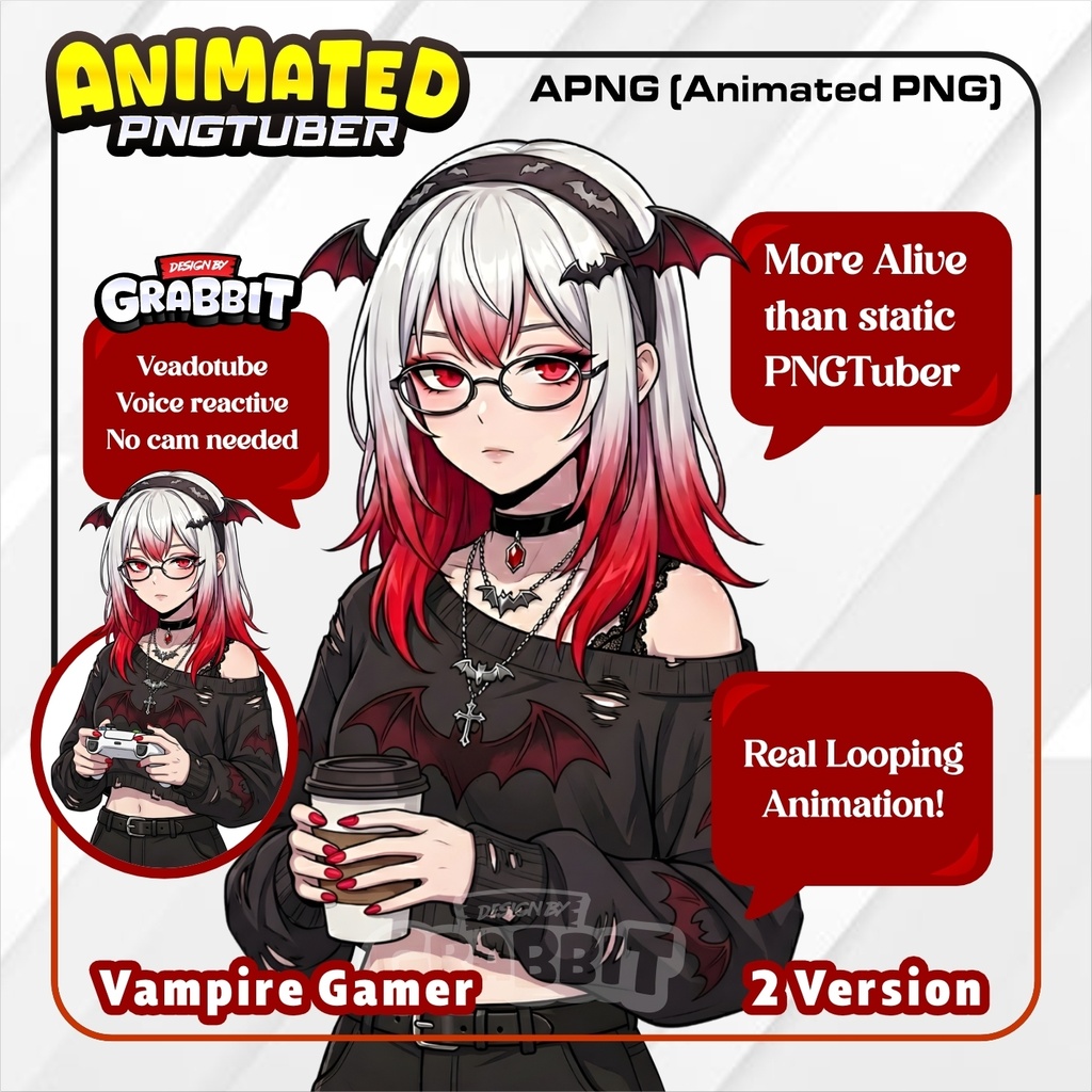 Vampire PNGTuber - Cozy Horror Female Girl VTuber model, Animated Gothic PNGTuber for Veadotube Mini