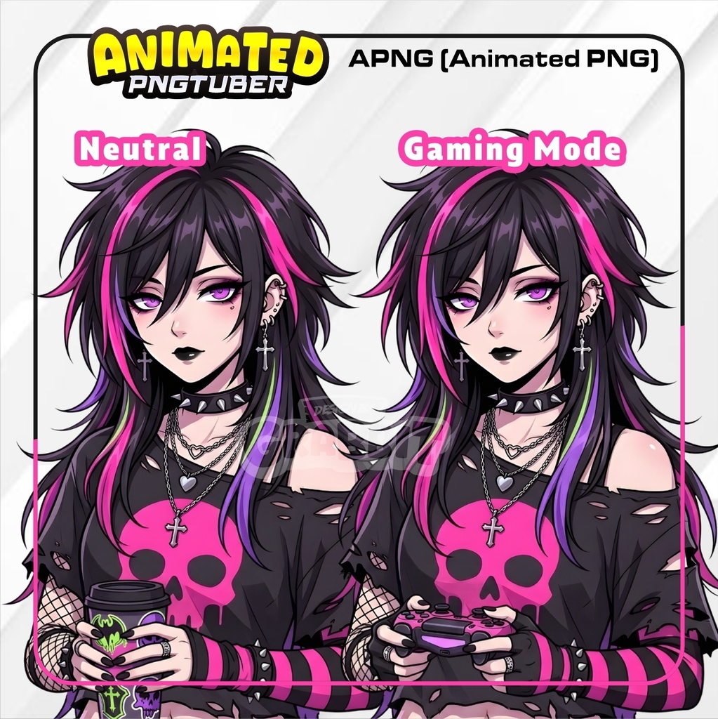 Animated Punk Gamer Girl PNGTuber | Neon Pink Skull Anime Avatar (Veadotube Mini)
