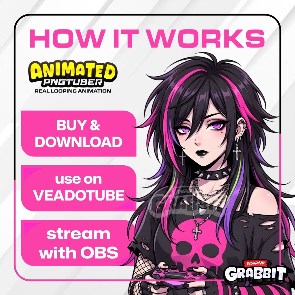 Animated Punk Gamer Girl PNGTuber | Neon Pink Skull Anime Avatar (Veadotube Mini)