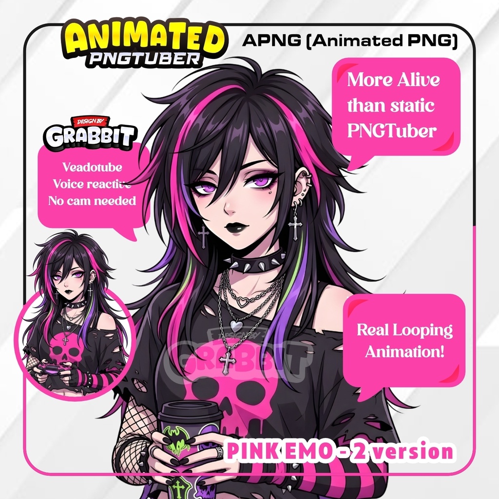 Animated Punk Gamer Girl PNGTuber | Neon Pink Skull Anime Avatar (Veadotube Mini)