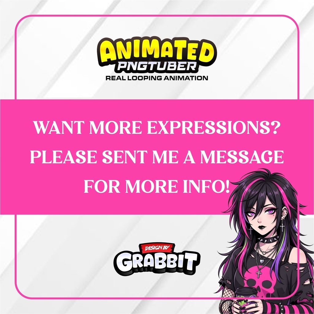 Animated Punk Gamer Girl PNGTuber | Neon Pink Skull Anime Avatar (Veadotube Mini)