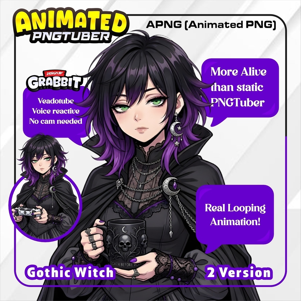 Animated Gothic Witch PNGTuber – Emo Horror Stream Avatar (Veadotube)
