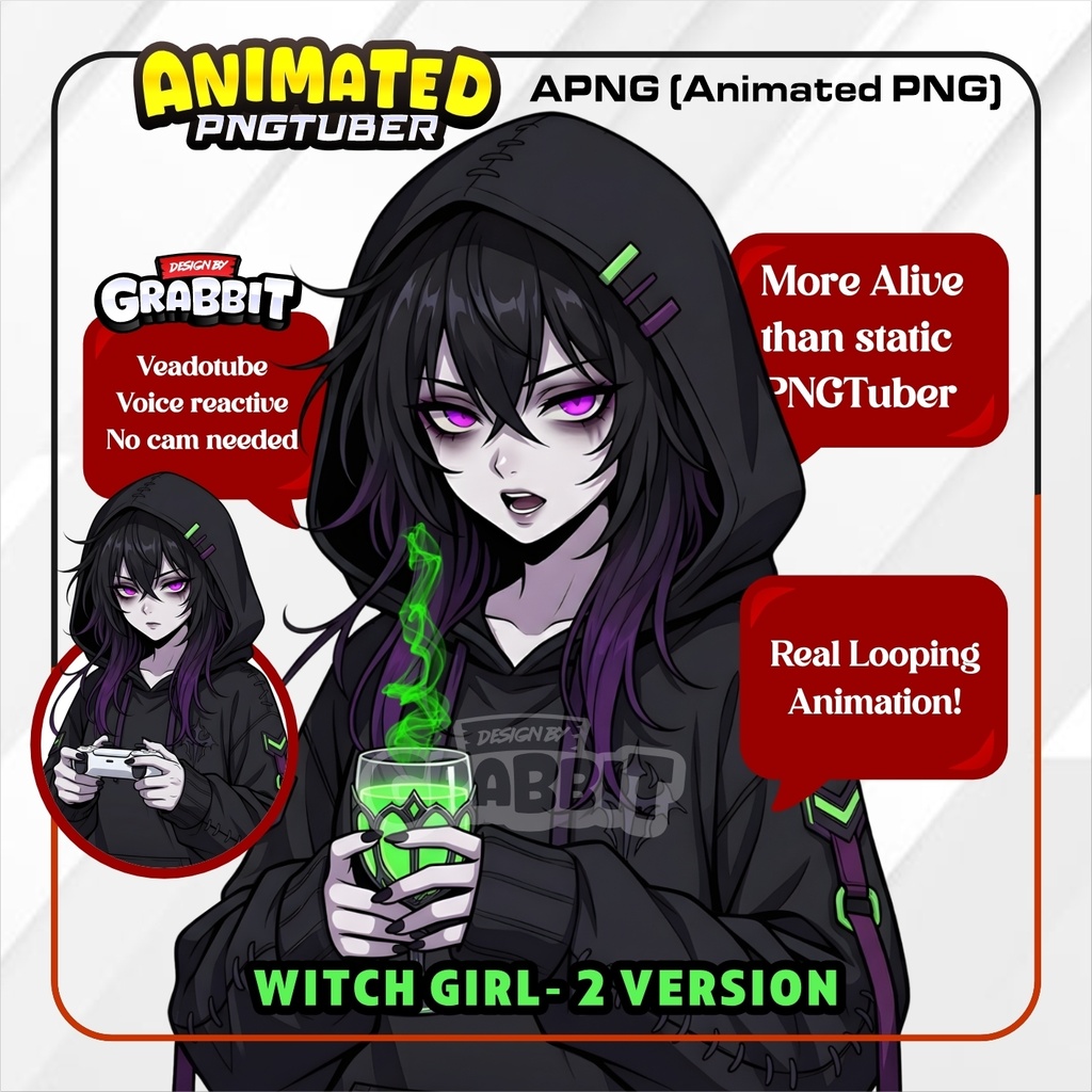Gothic Witch Girl PNGTuber – 2 versions - Veadotube mini - Animated Vtuber Model