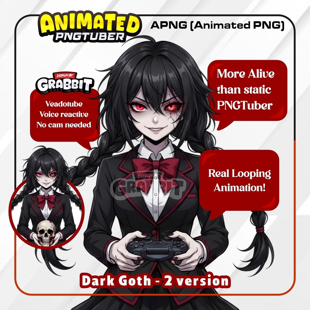 Dark Gothic Anime PNGTuber | Yandere Gamer Girl VTuber Avatar Animated PNG (Veadotube mini)