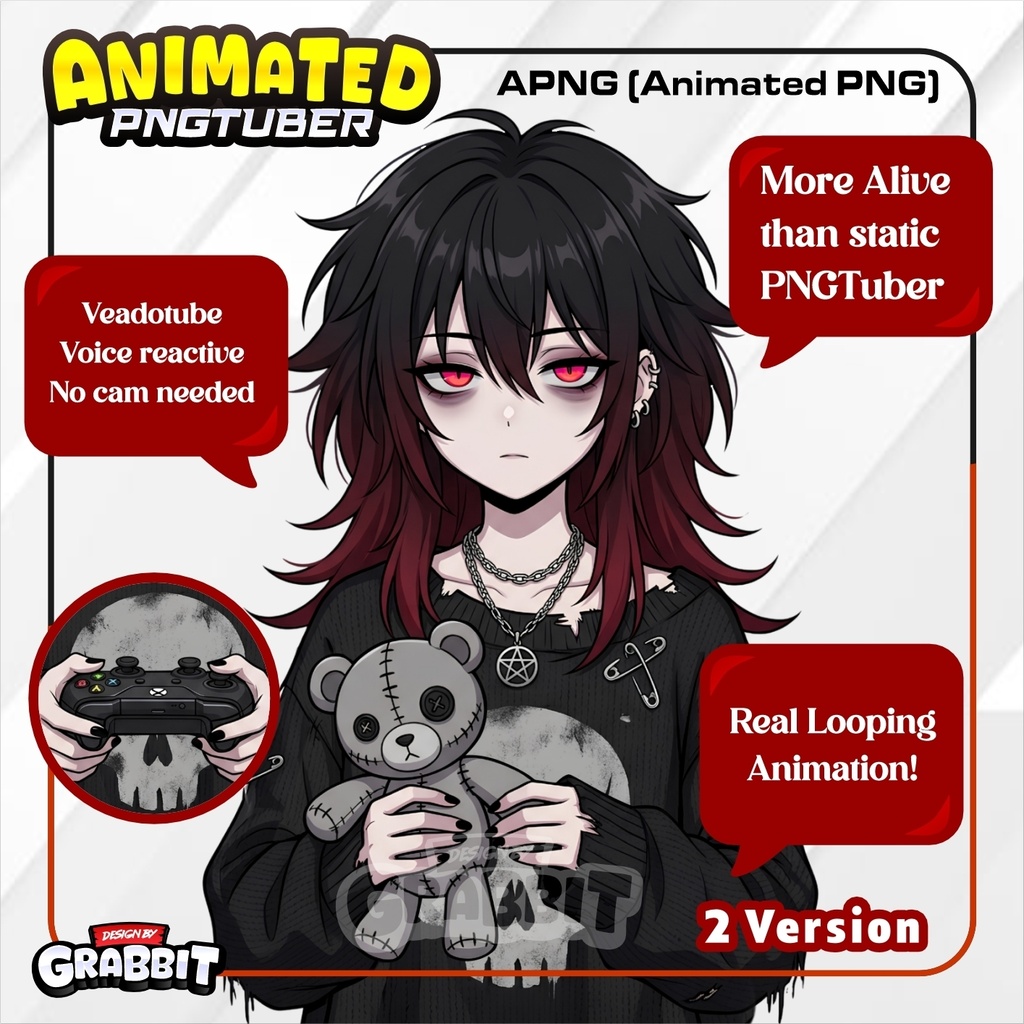 Cozy Horror Plushie Girl PNGTuber – Animated Emo Gothic VTuber for Veadotube Mini