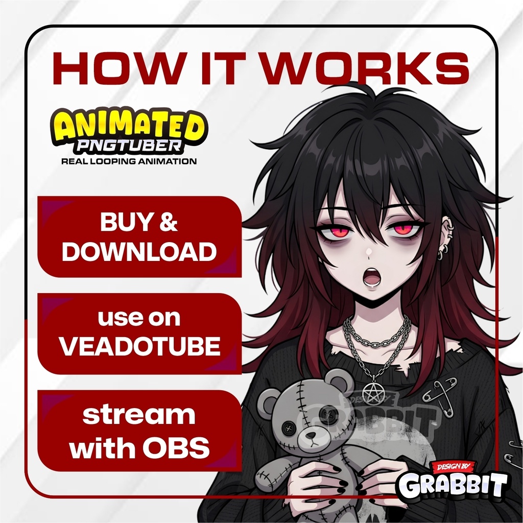 Cozy Horror Plushie Girl PNGTuber – Animated Emo Gothic VTuber for Veadotube Mini