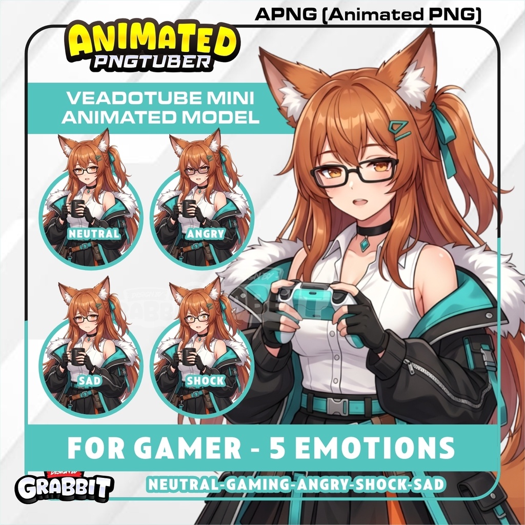 Fox Girl PNGTuber Model | Anime Fox PNG Avatar | Streetwear Gamer Girl PNGTuber | Veadotube Streamer Avatar | 5 expressions