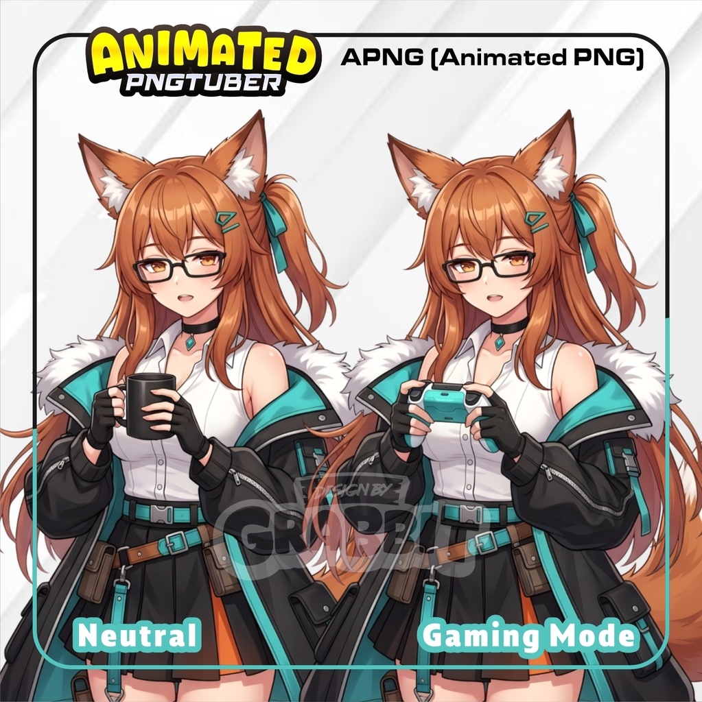 Fox Girl Animated PNGTuber Model | Anime Fox PNG Avatar | Futuristic Gamer Girl PNGTuber - 2 versions | Veadotube Mini Avatar