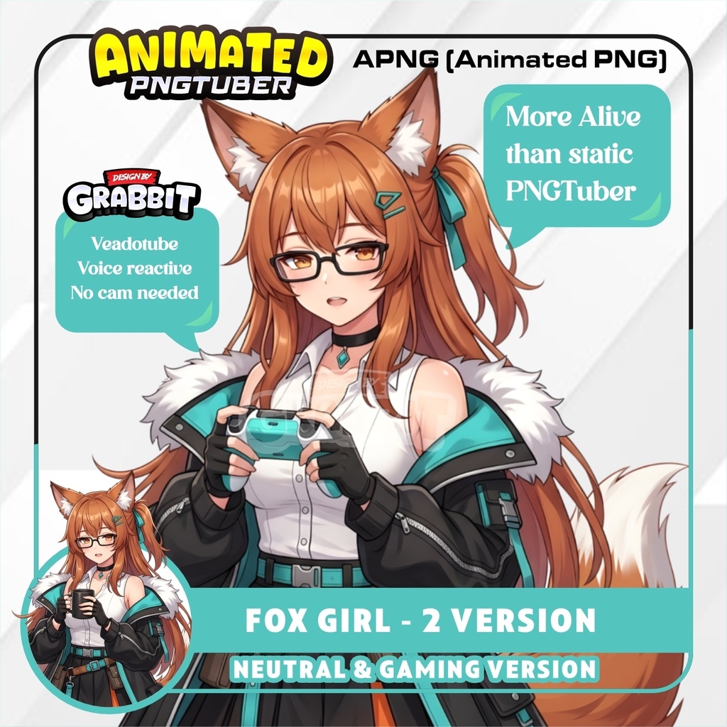 Fox Girl Animated PNGTuber Model | Anime Fox PNG Avatar | Futuristic Gamer Girl PNGTuber - 2 versions | Veadotube Mini Avatar