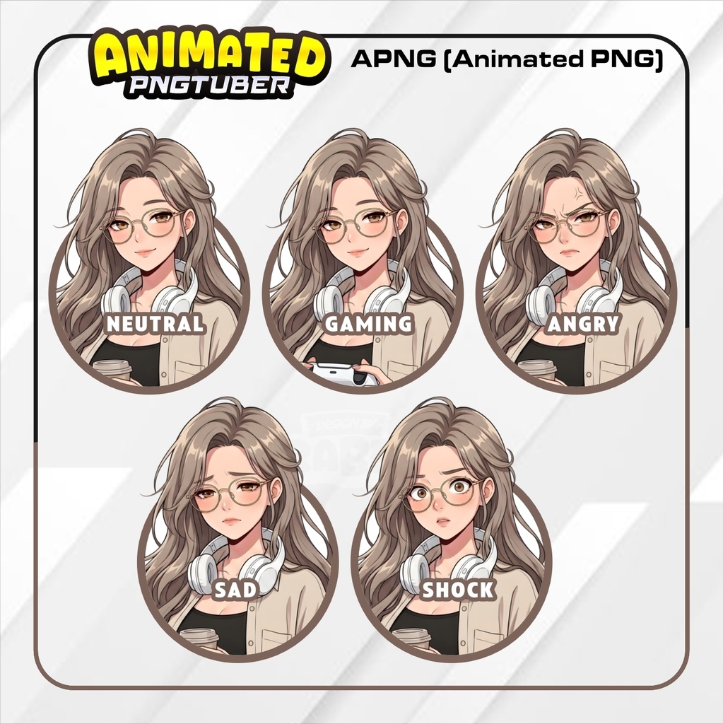 Cozy Gamer Girl PNGTuber Model | Brown Hair Anime PNG Avatar | Cozy Streamer PNGTuber | Veadotube Mini | 5 expressions