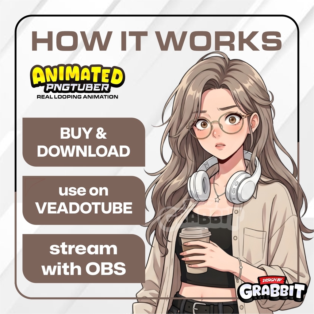 Cozy Gamer Girl PNGTuber Model | Brown Hair Anime PNG Avatar | Cozy Streamer PNGTuber | Veadotube Mini | 5 expressions