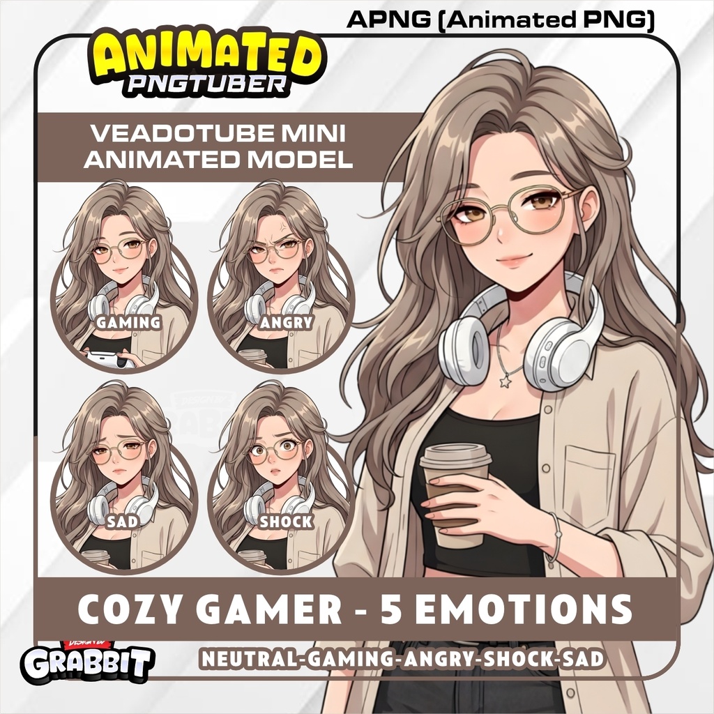 Cozy Gamer Girl PNGTuber Model | Brown Hair Anime PNG Avatar | Cozy Streamer PNGTuber | Veadotube Mini | 5 expressions