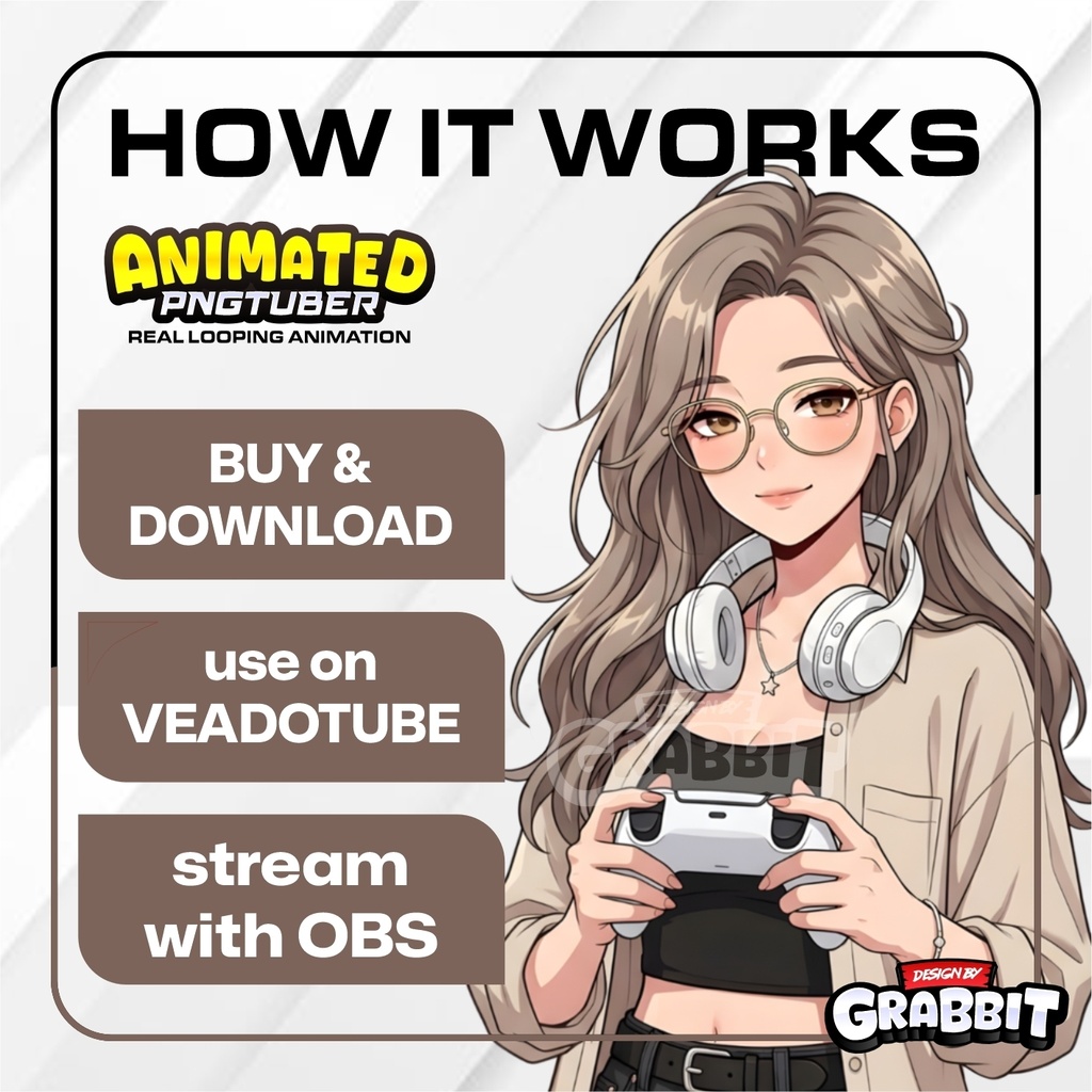 Cozy Brown Animated PNGTuber Avatar | Ash Brown Hair, Glasses, Gamer Girl (Veadotube) | Cozy Streamer PNGTuber | 2 versions