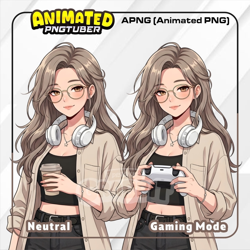 Cozy Brown Animated PNGTuber Avatar | Ash Brown Hair, Glasses, Gamer Girl (Veadotube) | Cozy Streamer PNGTuber | 2 versions