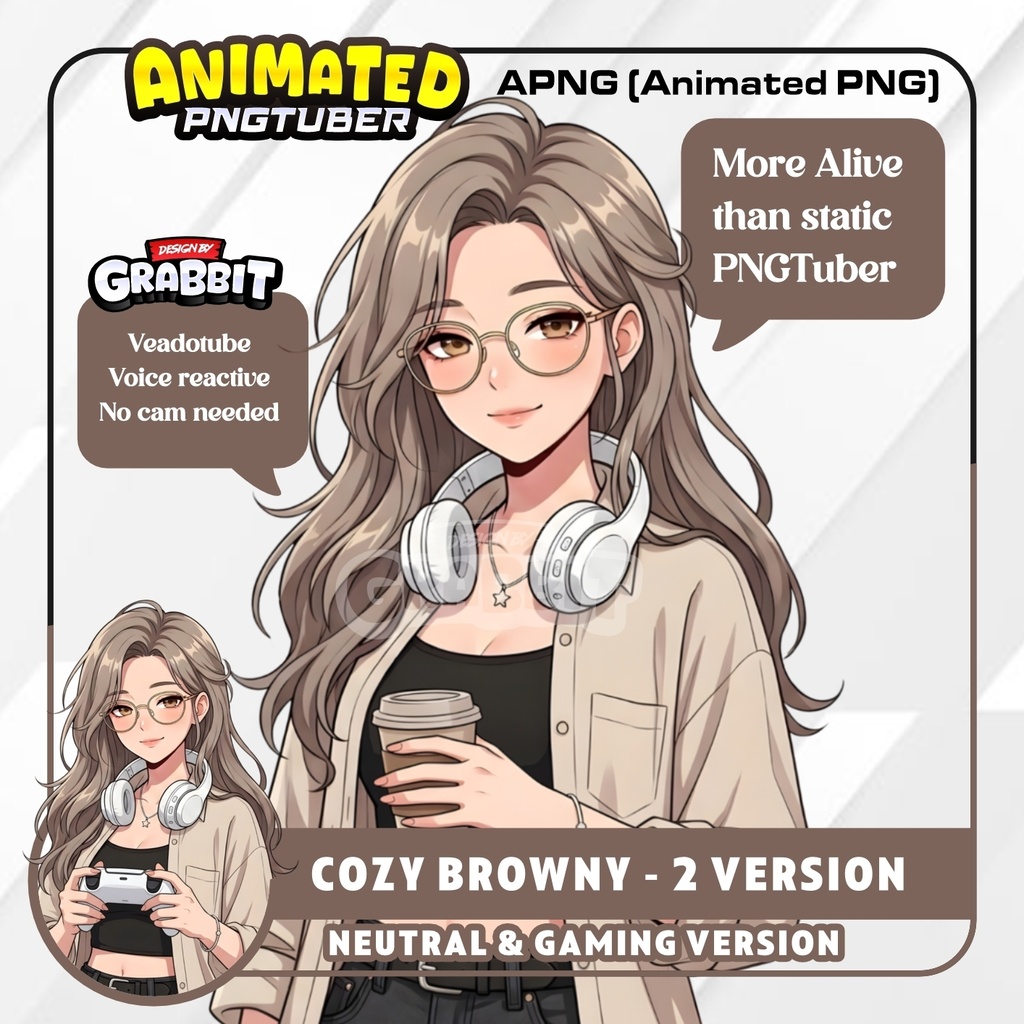 Cozy Brown Animated PNGTuber Avatar | Ash Brown Hair, Glasses, Gamer Girl (Veadotube) | Cozy Streamer PNGTuber | 2 versions