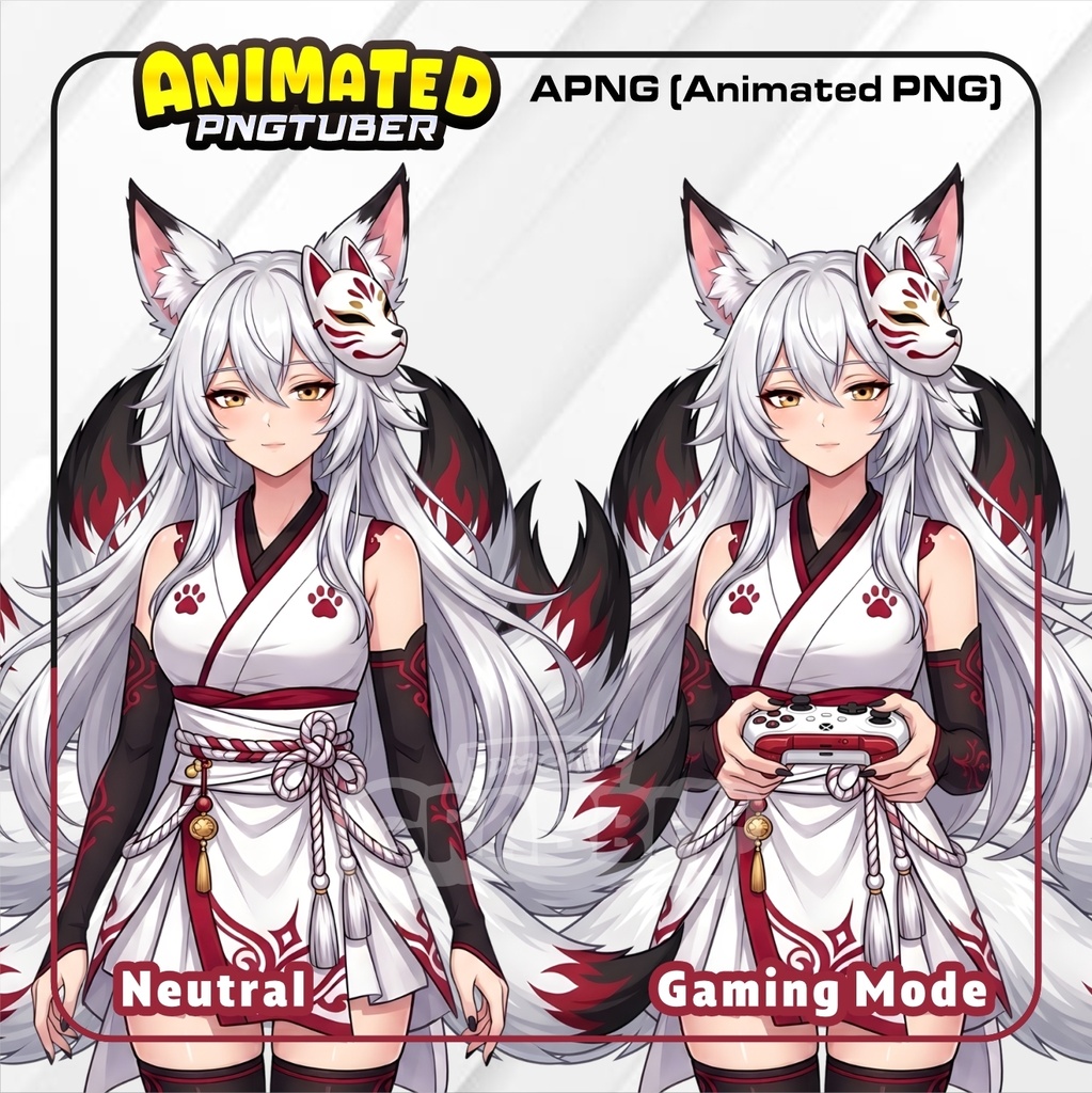 Kitsune Shrine Maiden PNGTuber Model | Fox Spirit Anime PNG Avatar | White Kitsune Girl PNGTuber | Fantasy Veadotube Streamer Avatar