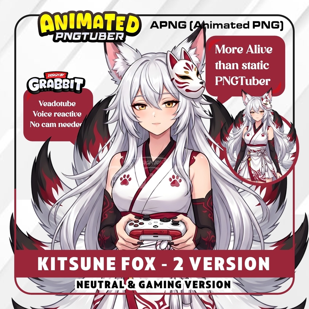 Kitsune Shrine Maiden PNGTuber Model | Fox Spirit Anime PNG Avatar | White Kitsune Girl PNGTuber | Fantasy Veadotube Streamer Avatar