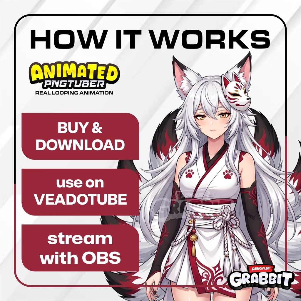 Kitsune Shrine Maiden PNGTuber Model | Fox Spirit Anime PNG Avatar | White Kitsune Girl PNGTuber | Fantasy Veadotube Streamer Avatar