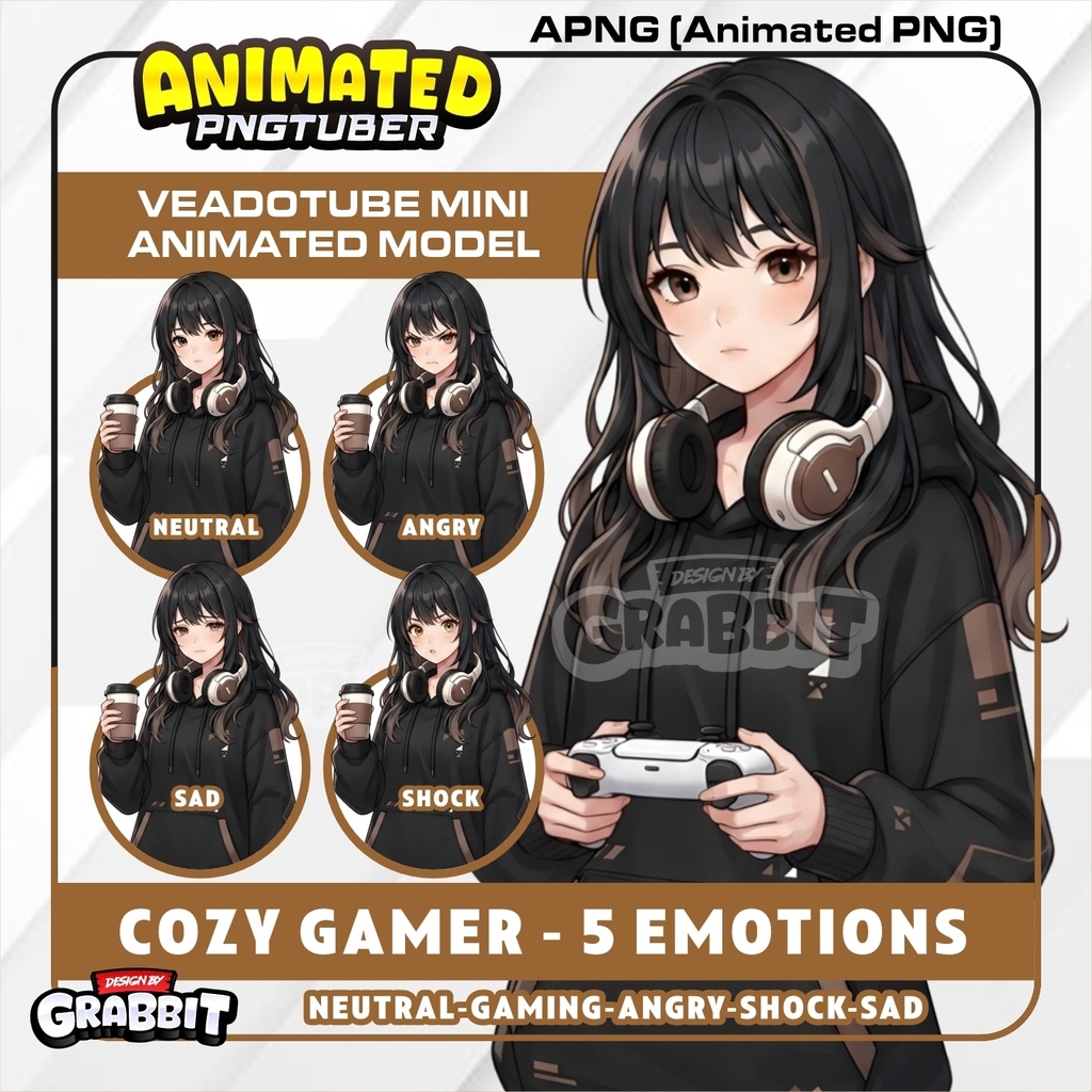 Brown Animated Cozy Gamer Girl PNGTuber Model | Cacao Brown Anime PNG Avatar | Cozy Streamer PNGTuber | Veadotube Mini | 5 expressions