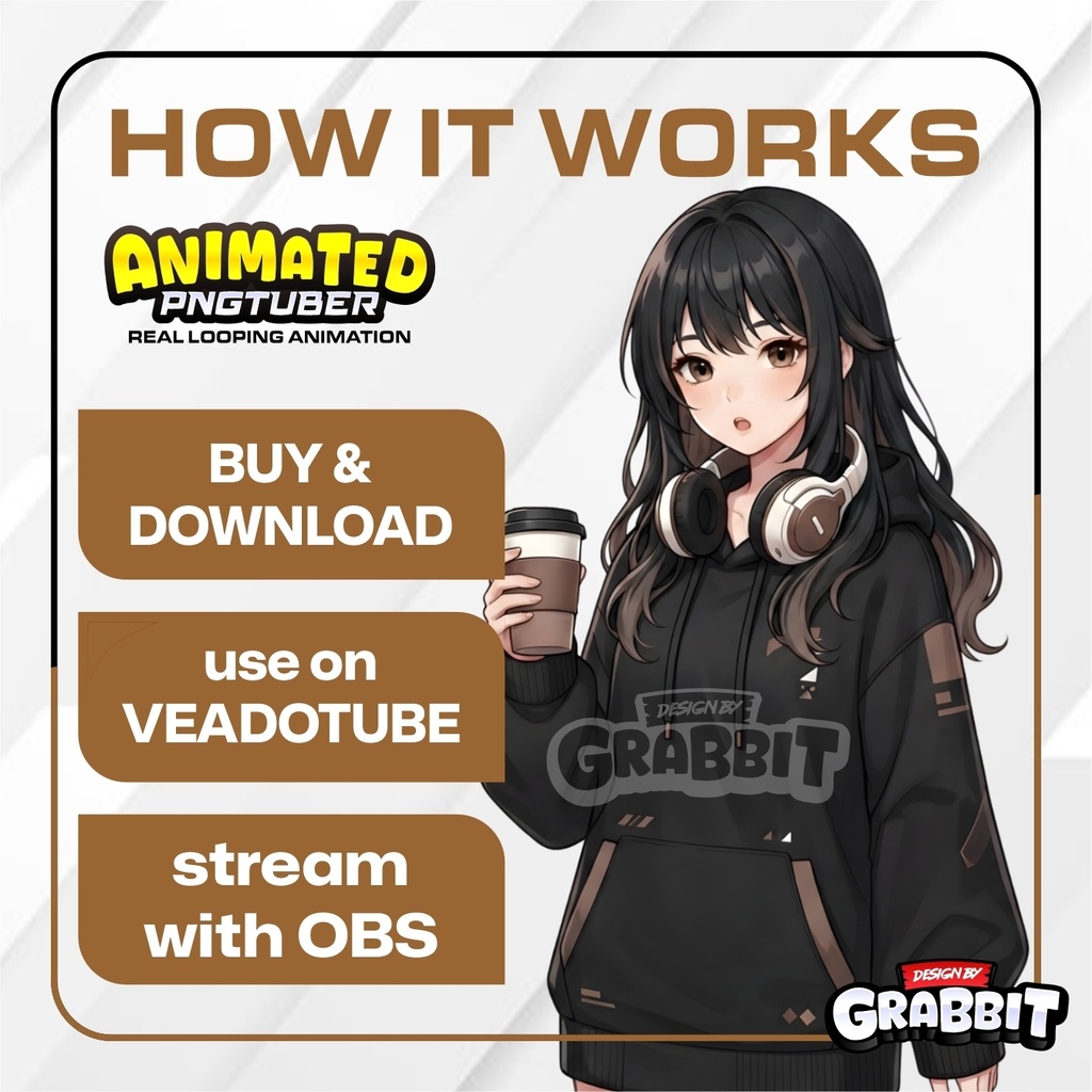 Animated Cozy Brown Gamer PNGTuber Model | Brown Anime PNG Avatar | Cozy Girl PNGTuber | Gamer Girl Stream Avatar - 2 versions