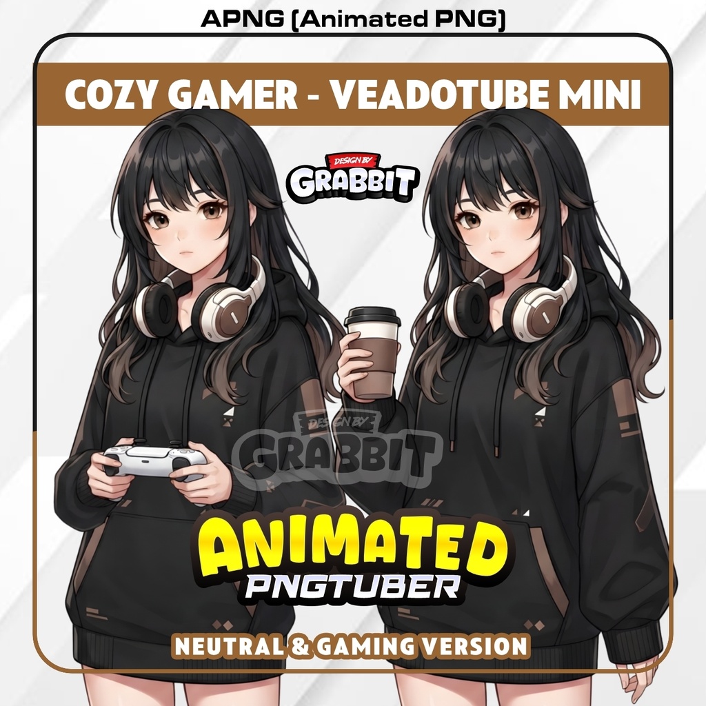 Animated Cozy Brown Gamer PNGTuber Model | Brown Anime PNG Avatar | Cozy Girl PNGTuber | Gamer Girl Stream Avatar - 2 versions