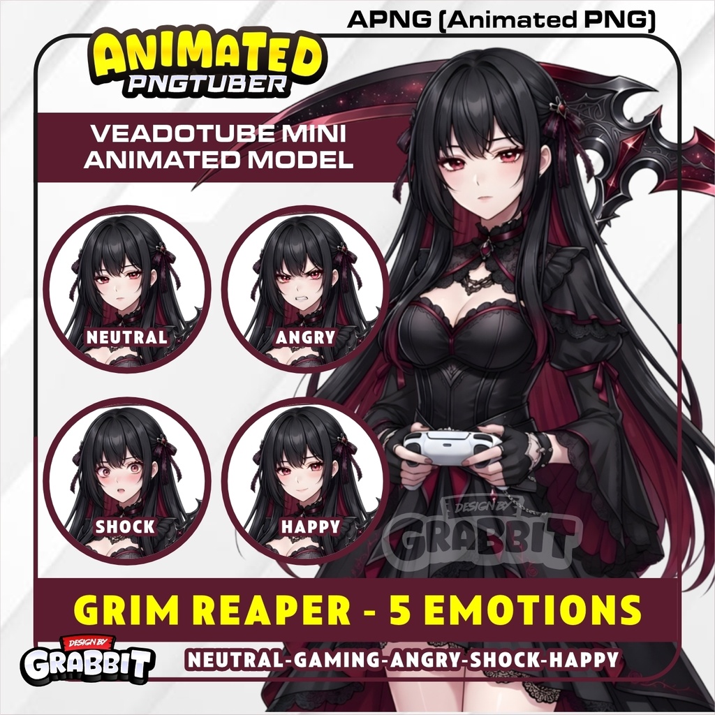 Red Reaper Girl Animated PNGTuber Model | Ghotic PNG Avatar | Dark Fantasy PNGTuber | Gothic Veadotube Streamer Avatar | 5 expressions