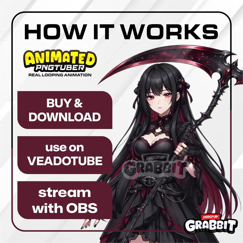 Animated Grim Reaper PNGTuber Model | Black Anime PNG Avatar | Dark Fantasy PNGTuber | Gothic Veadotube Streamer Avatar 2 versions