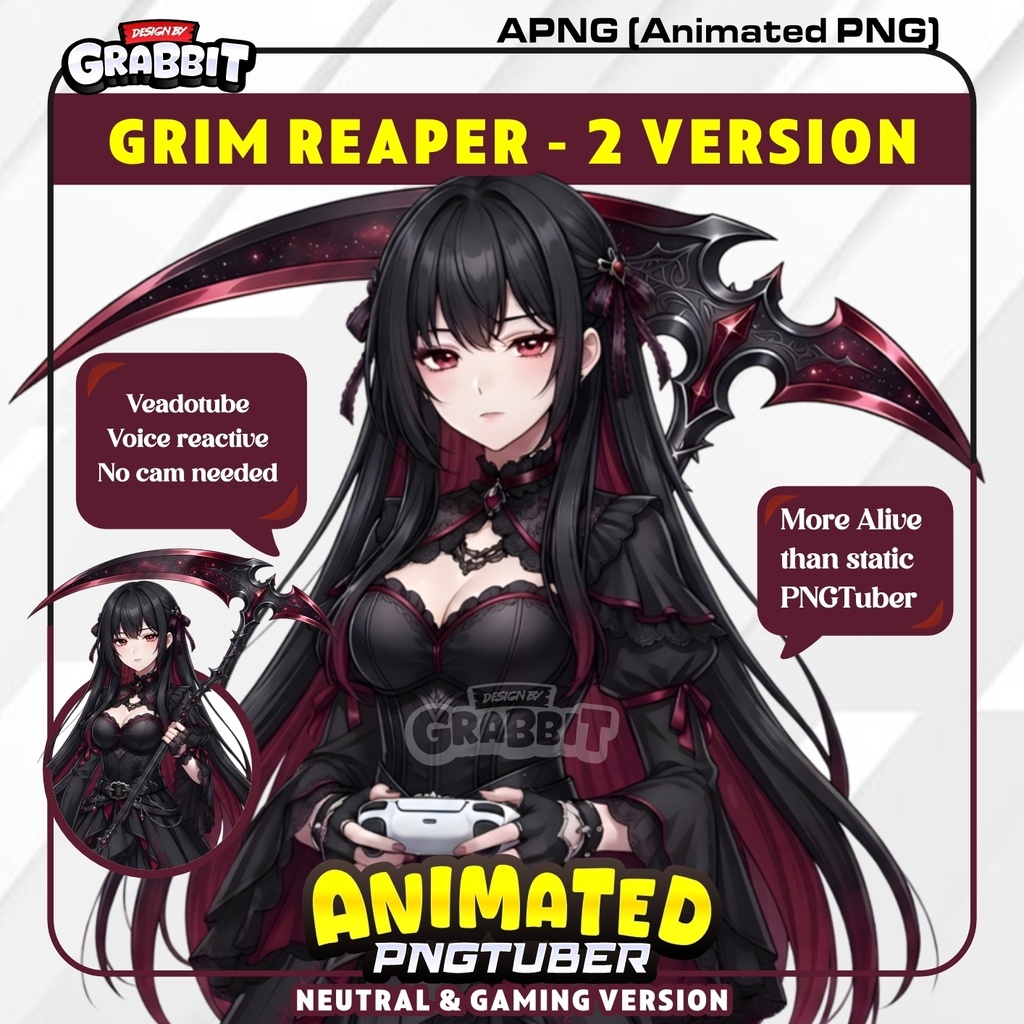 Animated Grim Reaper PNGTuber Model | Black Anime PNG Avatar | Dark Fantasy PNGTuber | Gothic Veadotube Streamer Avatar 2 versions