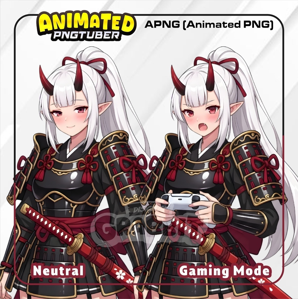 Animated Oni Samurai Girl PNGTuber | Japanese Fantasy Anime VTuber | Red Devil Avatar | Animated PNG for Veadotube 2 versions