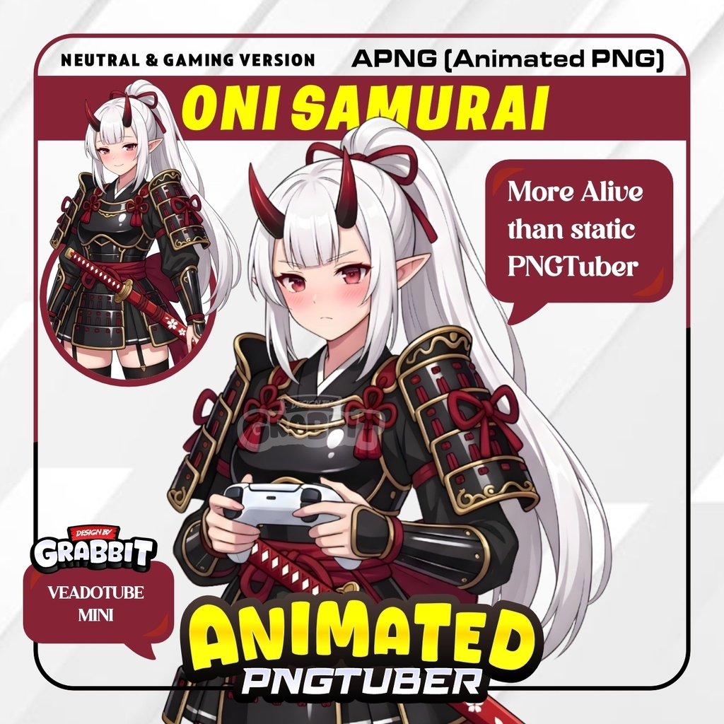 Animated Oni Samurai Girl PNGTuber | Japanese Fantasy Anime VTuber | Red Devil Avatar | Animated PNG for Veadotube 2 versions