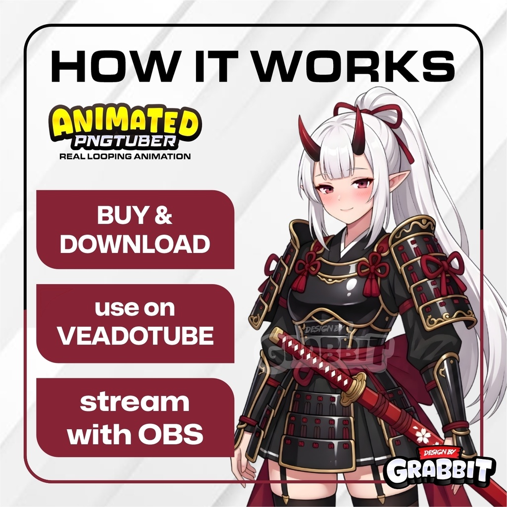 Animated Oni Samurai Girl PNGTuber | Japanese Fantasy Anime VTuber | Red Devil Avatar | Animated PNG for Veadotube 2 versions