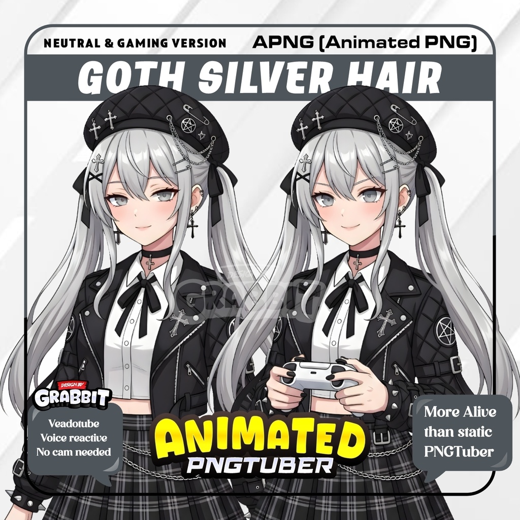 Animated Gothic Girl PNGTuber | Silver Hair Anime VTuber | Gothic Lolita Avatar | Animated PNG for Veadotube - 2 versions