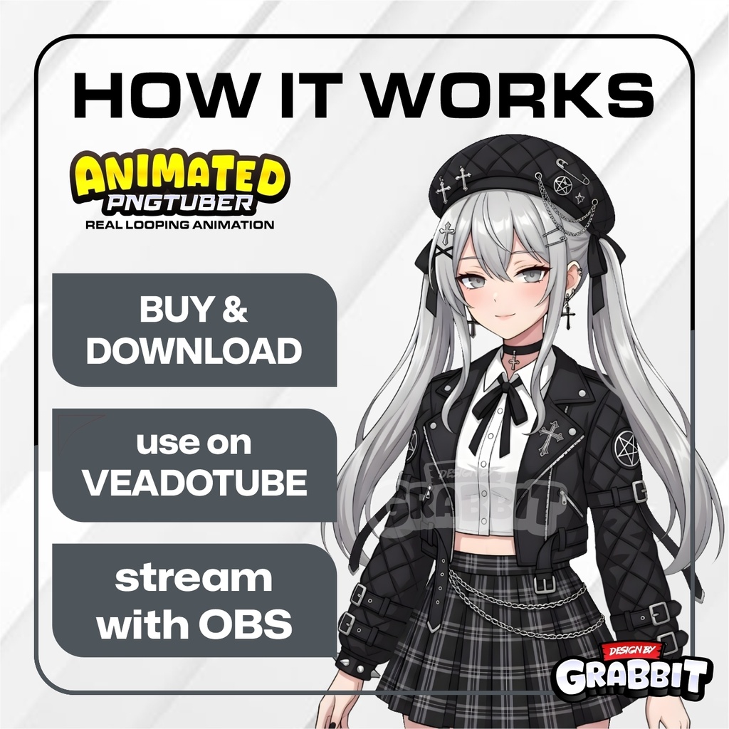Animated Gothic Girl PNGTuber | Silver Hair Anime VTuber | Gothic Lolita Avatar | Animated PNG for Veadotube - 2 versions
