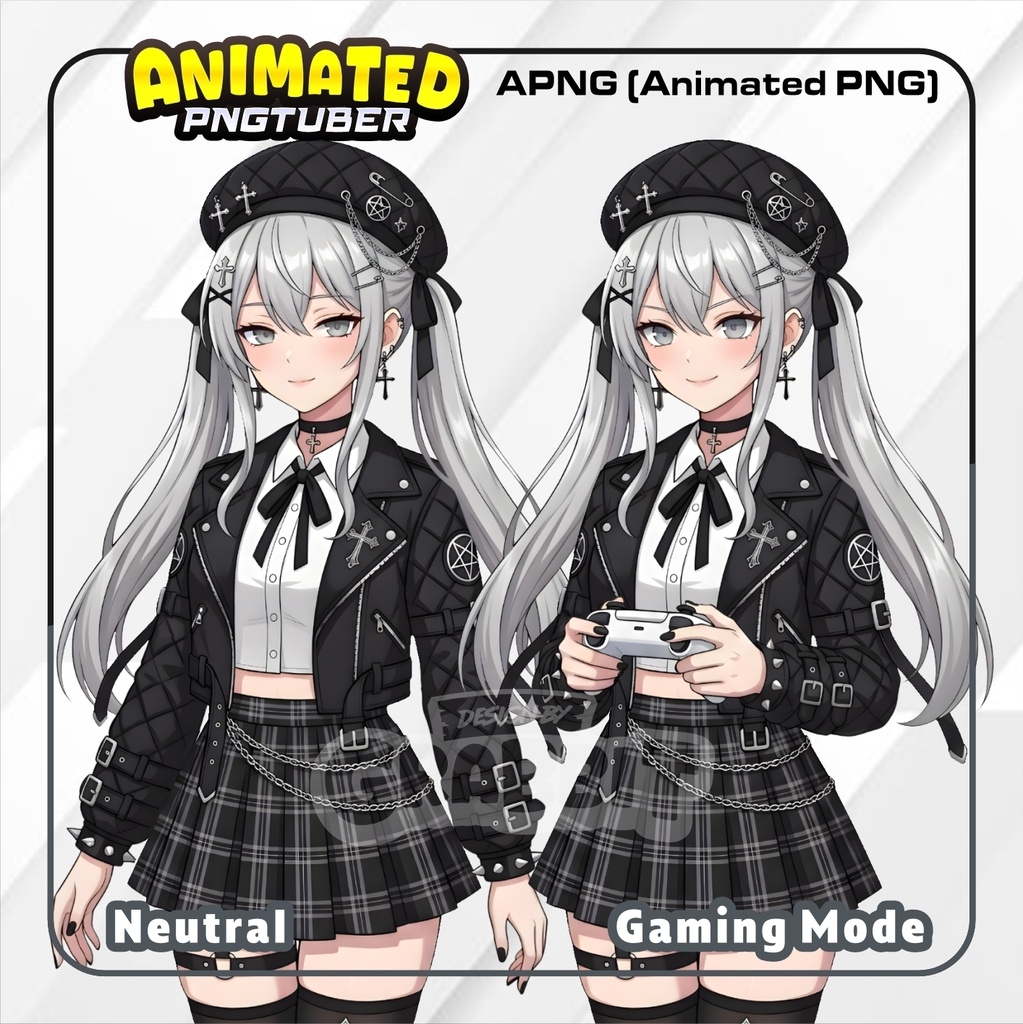 Animated Gothic Girl PNGTuber | Silver Hair Anime VTuber | Gothic Lolita Avatar | Animated PNG for Veadotube - 2 versions