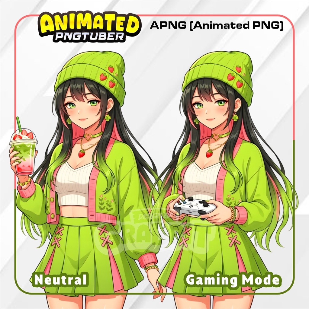 Animated Strawberry Matcha Girl PNGTuber | Pink Green VTuber | Cozy green png tuber | Animated PNG for Veadotube - 2 versions
