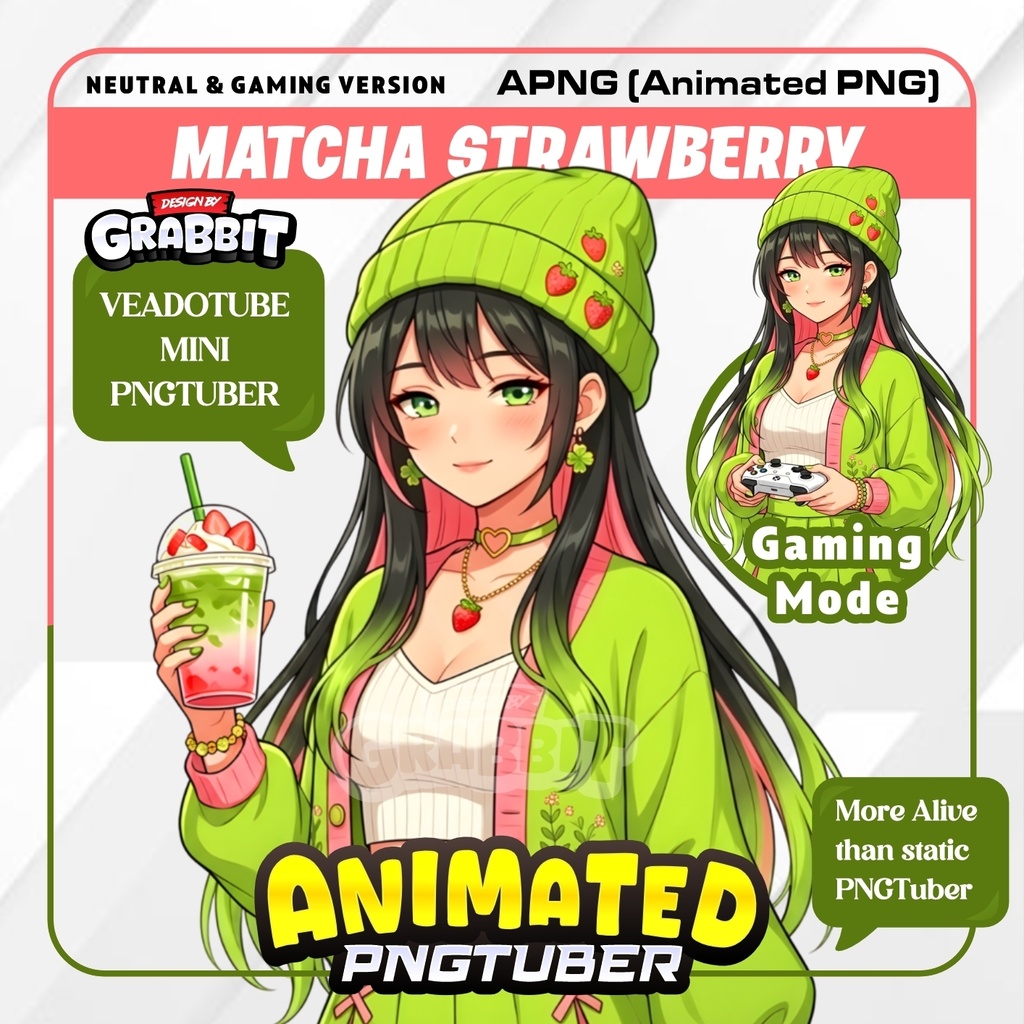Animated Strawberry Matcha Girl PNGTuber | Pink Green VTuber | Cozy green png tuber | Animated PNG for Veadotube - 2 versions