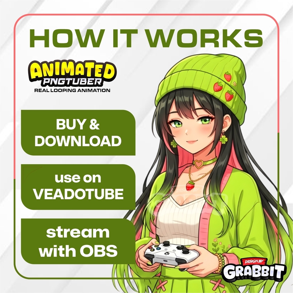 Animated Strawberry Matcha Girl PNGTuber | Pink Green VTuber | Cozy green png tuber | Animated PNG for Veadotube - 2 versions