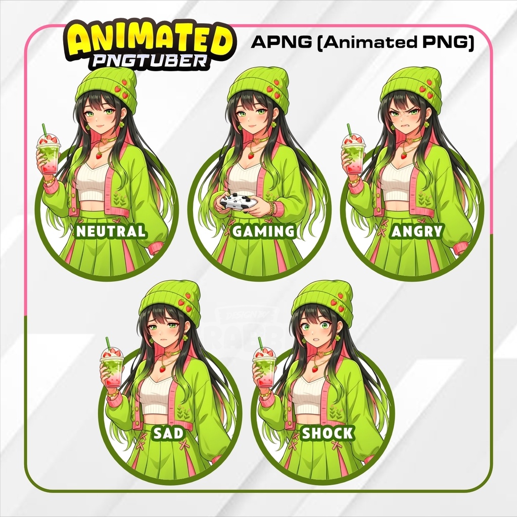 Strawberry Matcha Girl Animated PNGTuber | Cozy Anime VTuber | Café Aesthetic Gamer Girl | Animated PNG for Veadotube | 5 expressions