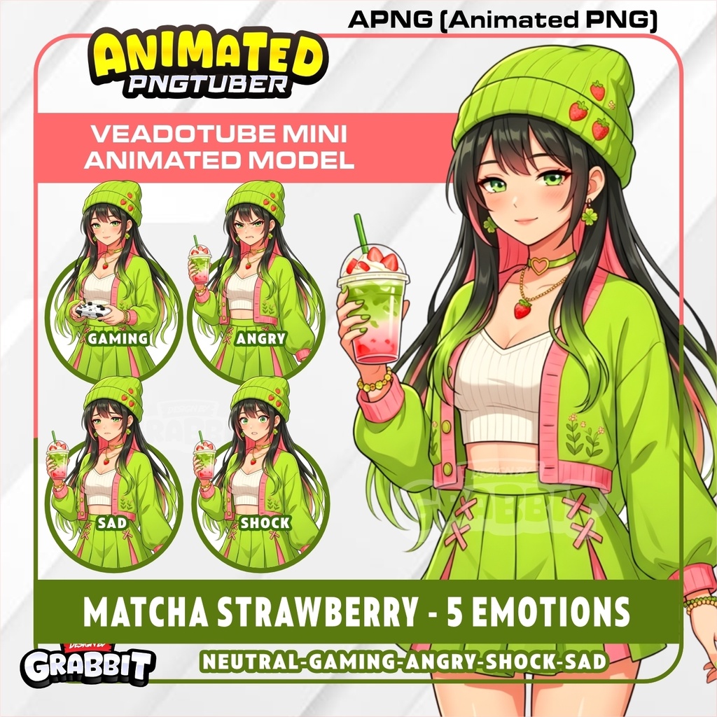 Strawberry Matcha Girl Animated PNGTuber | Cozy Anime VTuber | Café Aesthetic Gamer Girl | Animated PNG for Veadotube | 5 expressions