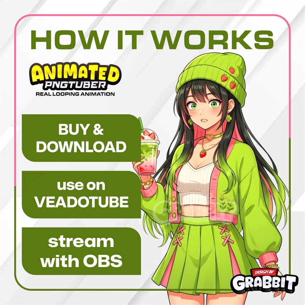 Strawberry Matcha Girl Animated PNGTuber | Cozy Anime VTuber | Café Aesthetic Gamer Girl | Animated PNG for Veadotube | 5 expressions