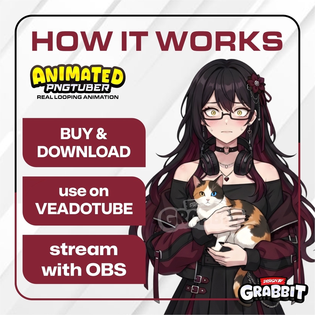 Animated Gothic Girl PNGTuber Model | Black Burgundy Anime PNG Avatar | Cozy Cat PNGTuber | Dark Feminine Veadotube Mini | 5 expressions
