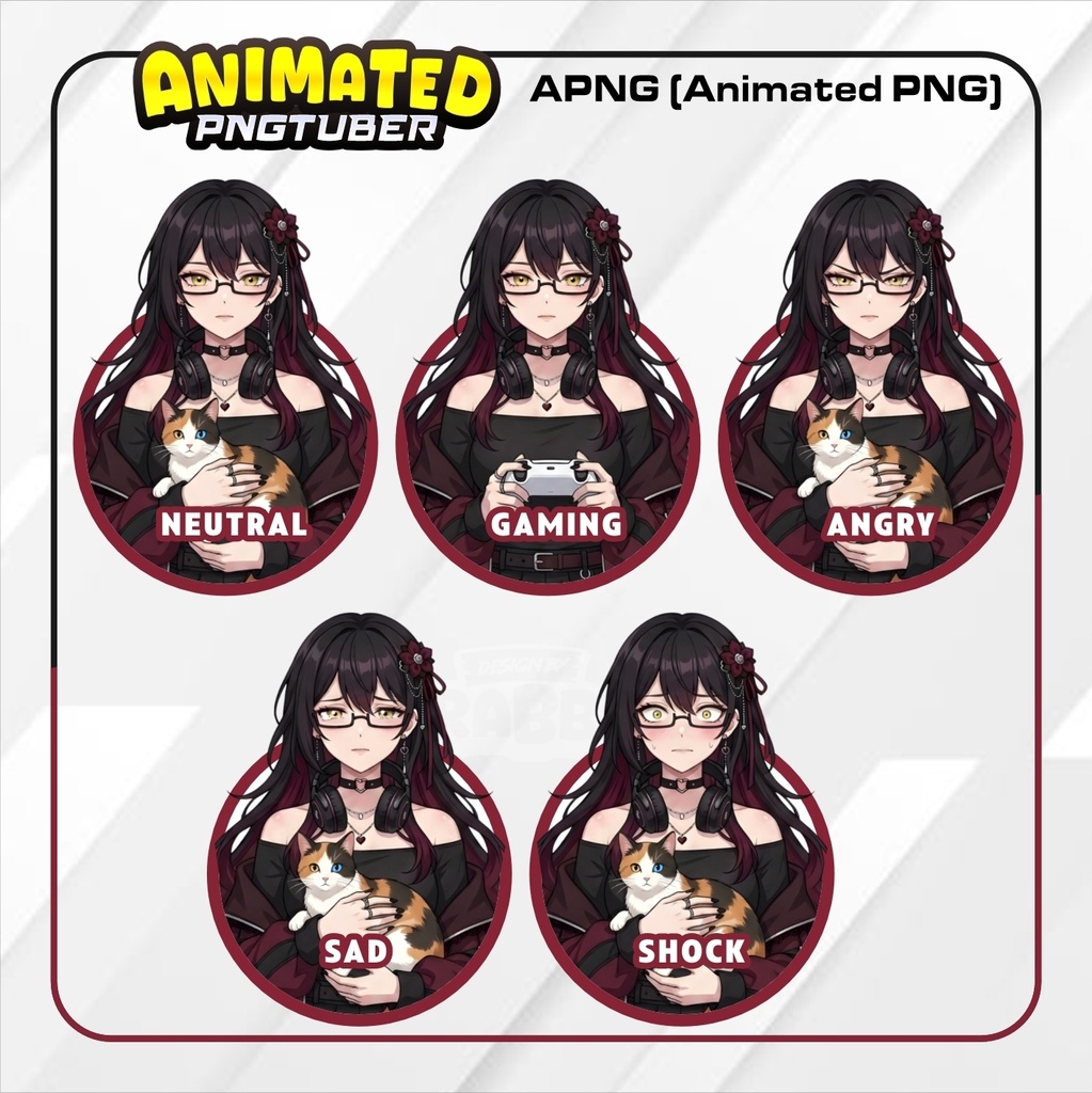 Animated Gothic Girl PNGTuber Model | Black Burgundy Anime PNG Avatar | Cozy Cat PNGTuber | Dark Feminine Veadotube Mini | 5 expressions