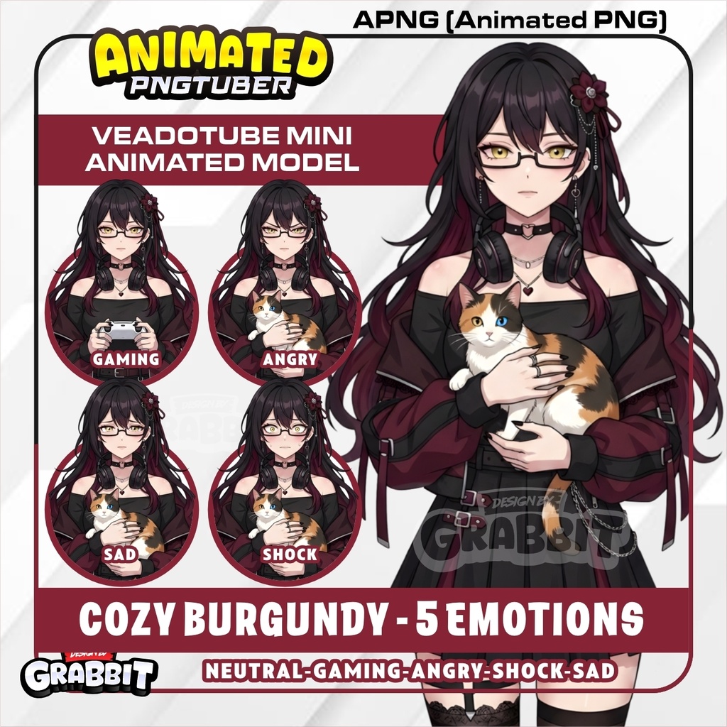 Animated Gothic Girl PNGTuber Model | Black Burgundy Anime PNG Avatar | Cozy Cat PNGTuber | Dark Feminine Veadotube Mini | 5 expressions