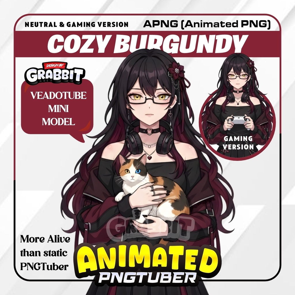 Animated Cozy Burgundy PNGTuber Model | Goth PNG Avatar | Dark Fantasy PNGTuber | Maroon Veadotube Streamer Avatar 2 versions
