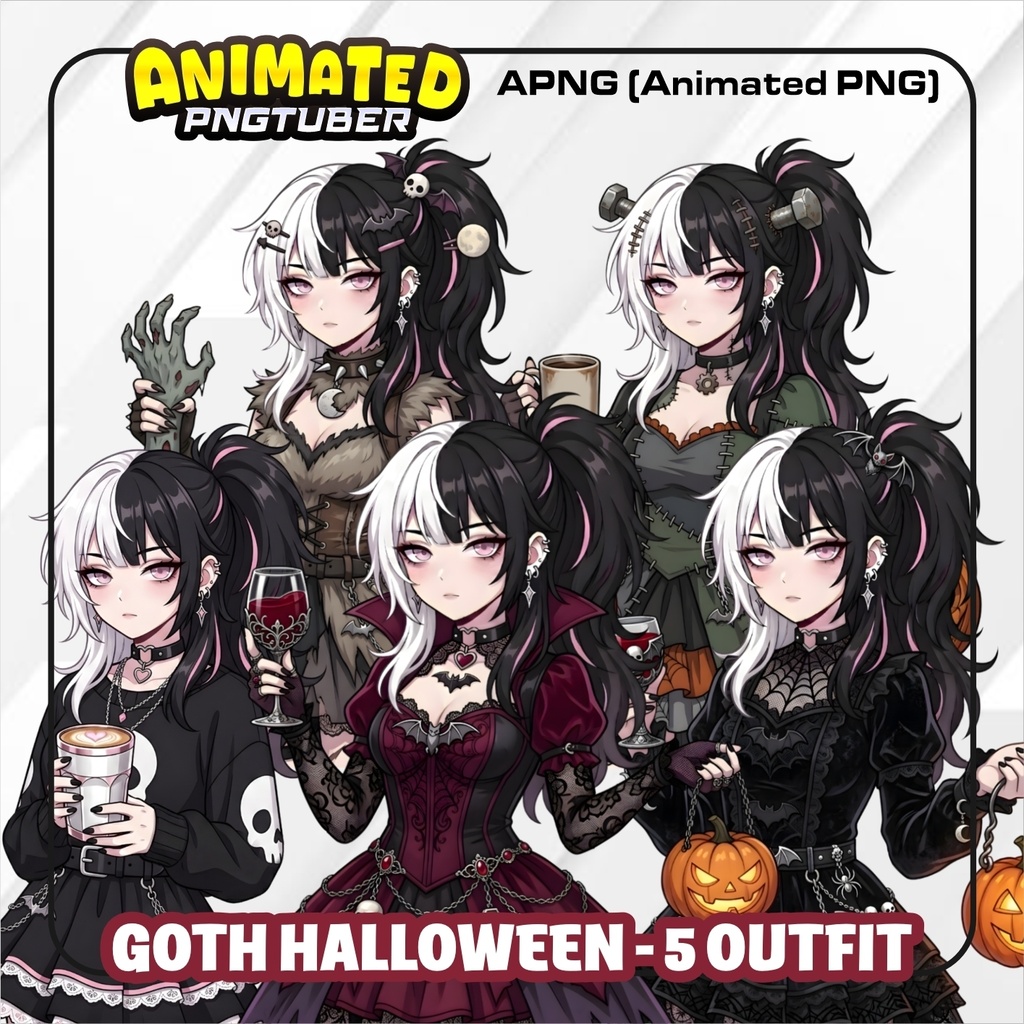 Halloween PNGTuber Animated APNG | Gothic PNG Tuber Avatar | Vampire Werewolf Witch Frankenstein | Veadotube Mini | 5 different Outfits