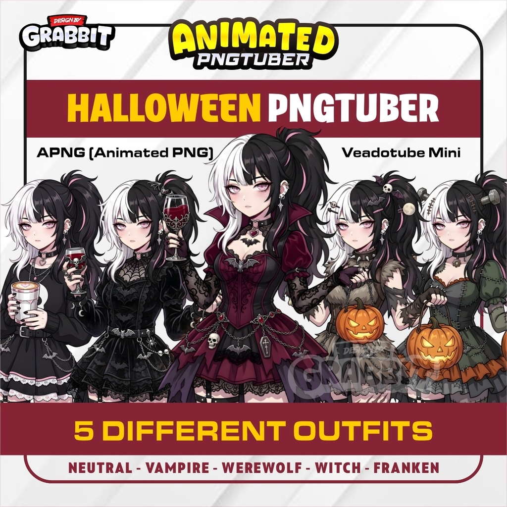 Halloween PNGTuber Animated APNG | Gothic PNG Tuber Avatar | Vampire Werewolf Witch Frankenstein | Veadotube Mini | 5 different Outfits