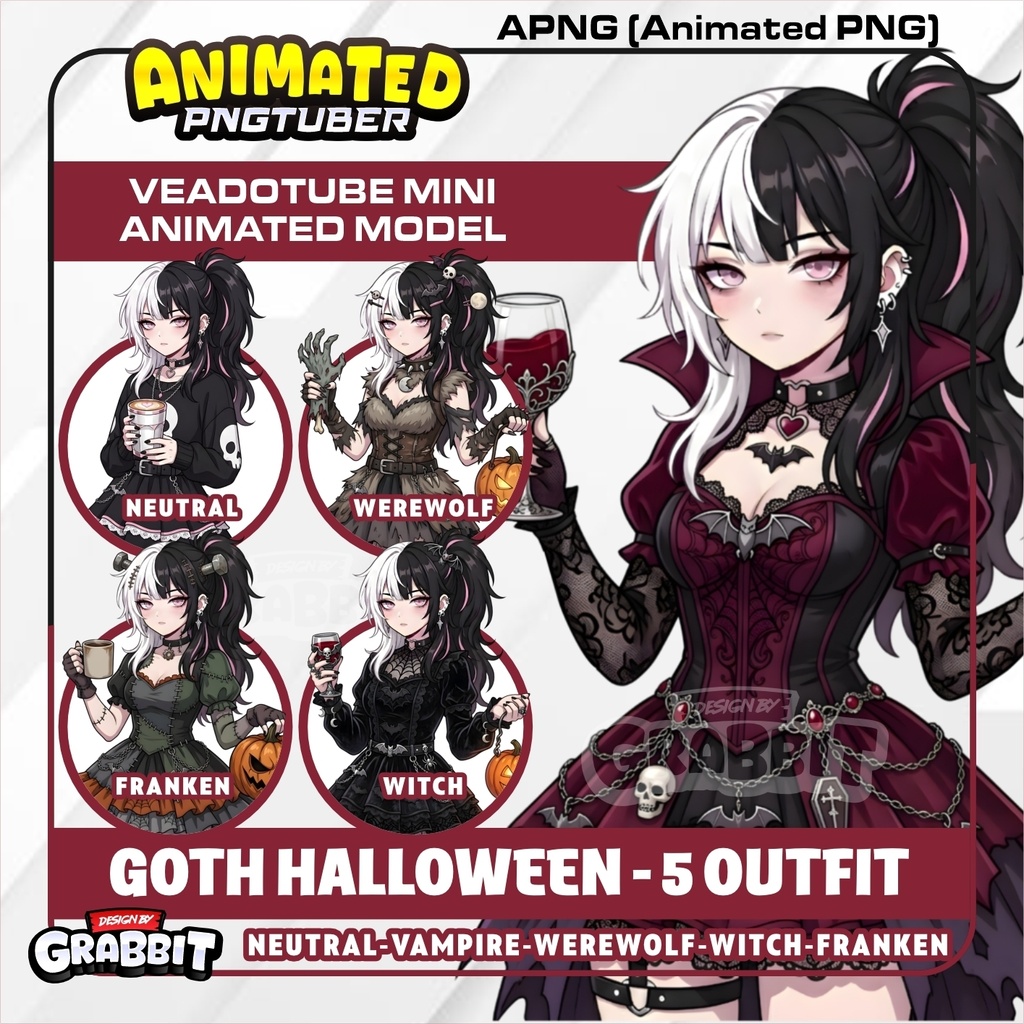 Halloween PNGTuber Animated APNG | Gothic PNG Tuber Avatar | Vampire Werewolf Witch Frankenstein | Veadotube Mini | 5 different Outfits