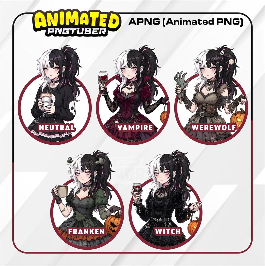 Halloween PNGTuber Animated APNG | Gothic PNG Tuber Avatar | Vampire Werewolf Witch Frankenstein | Veadotube Mini | 5 different Outfits